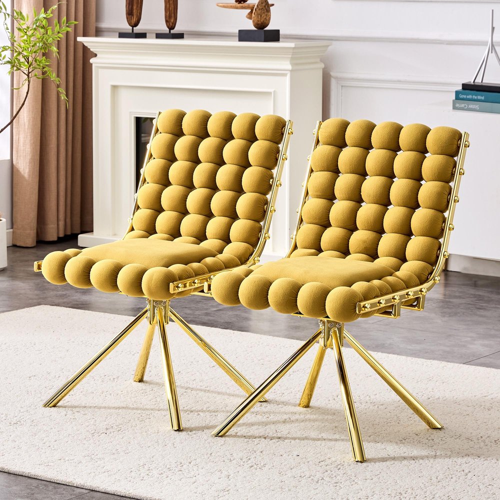 Set of Two Beige and Black Bubble Tufted Microfiber Dining Side Chairs