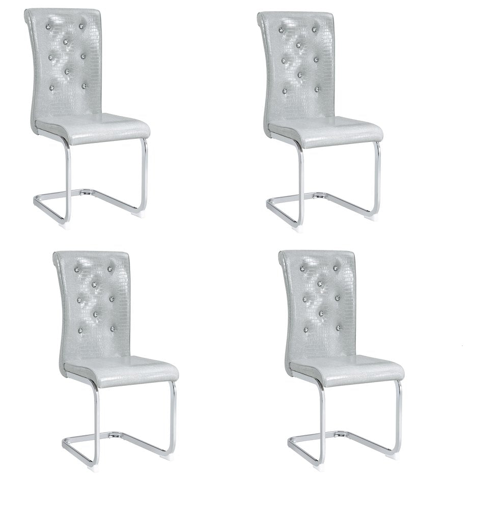 Set of Four Gray And Silver Tufted Faux Leather And Metal Dining Side Chairs