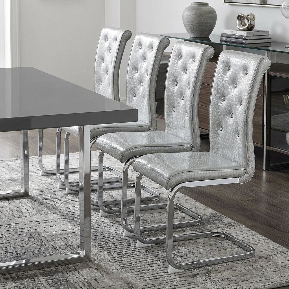 Set of Four Gray And Silver Tufted Faux Leather And Metal Dining Side Chairs