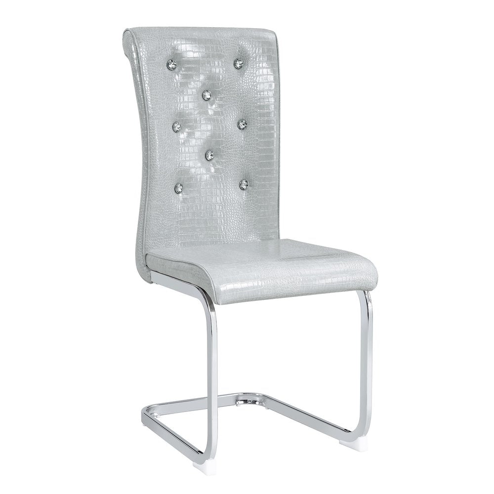 Set of Four Gray And Silver Tufted Faux Leather And Metal Dining Side Chairs