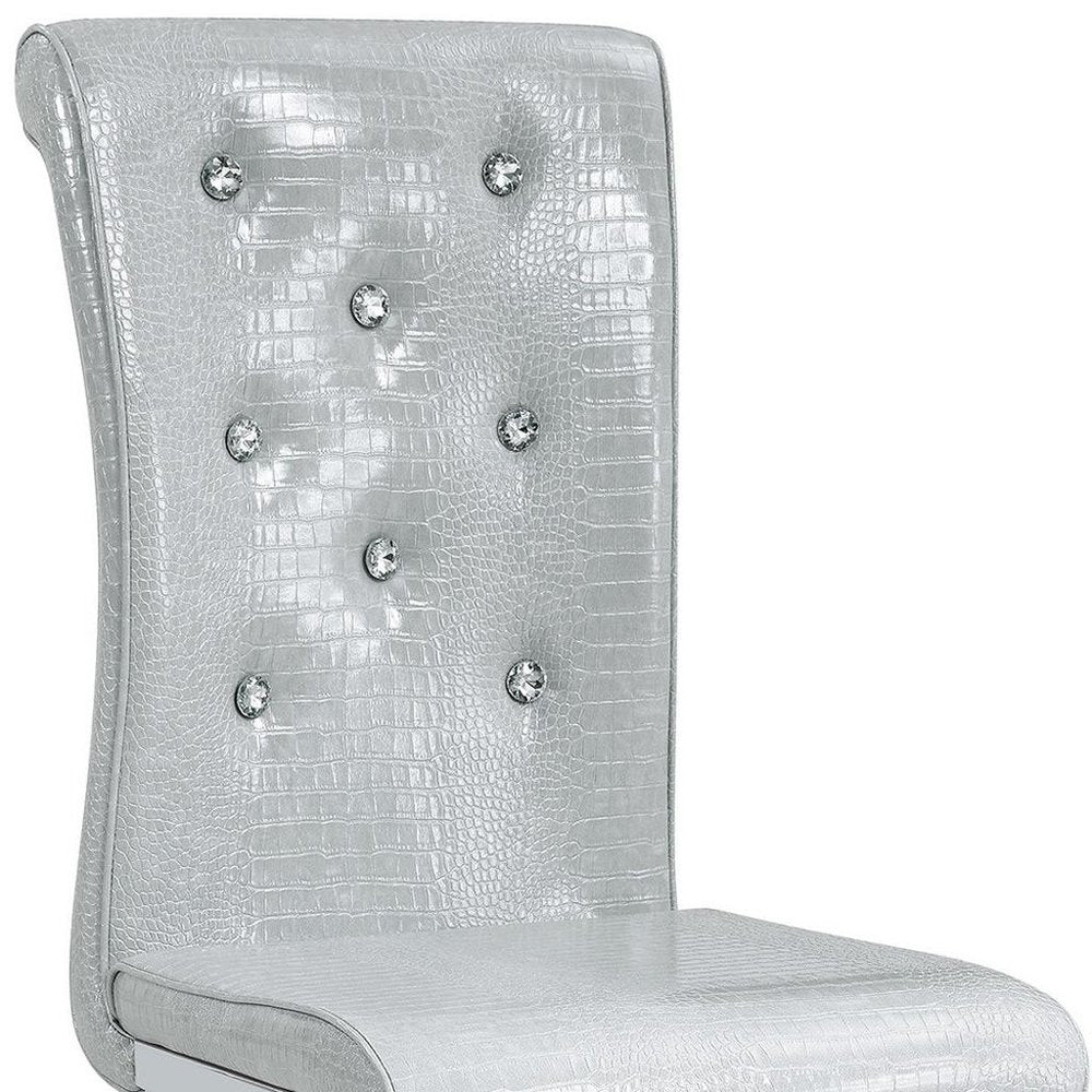 Set of Four Gray And Silver Tufted Faux Leather And Metal Dining Side Chairs