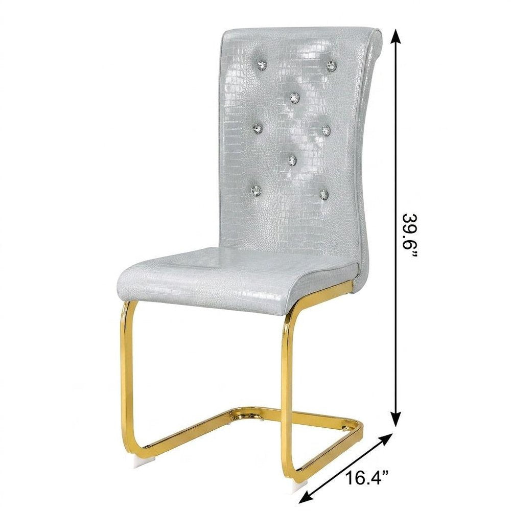 Set of Four Gray And Silver Tufted Faux Leather And Metal Dining Side Chairs