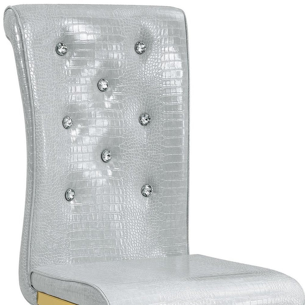 Set of Four Gray And Silver Tufted Faux Leather And Metal Dining Side Chairs
