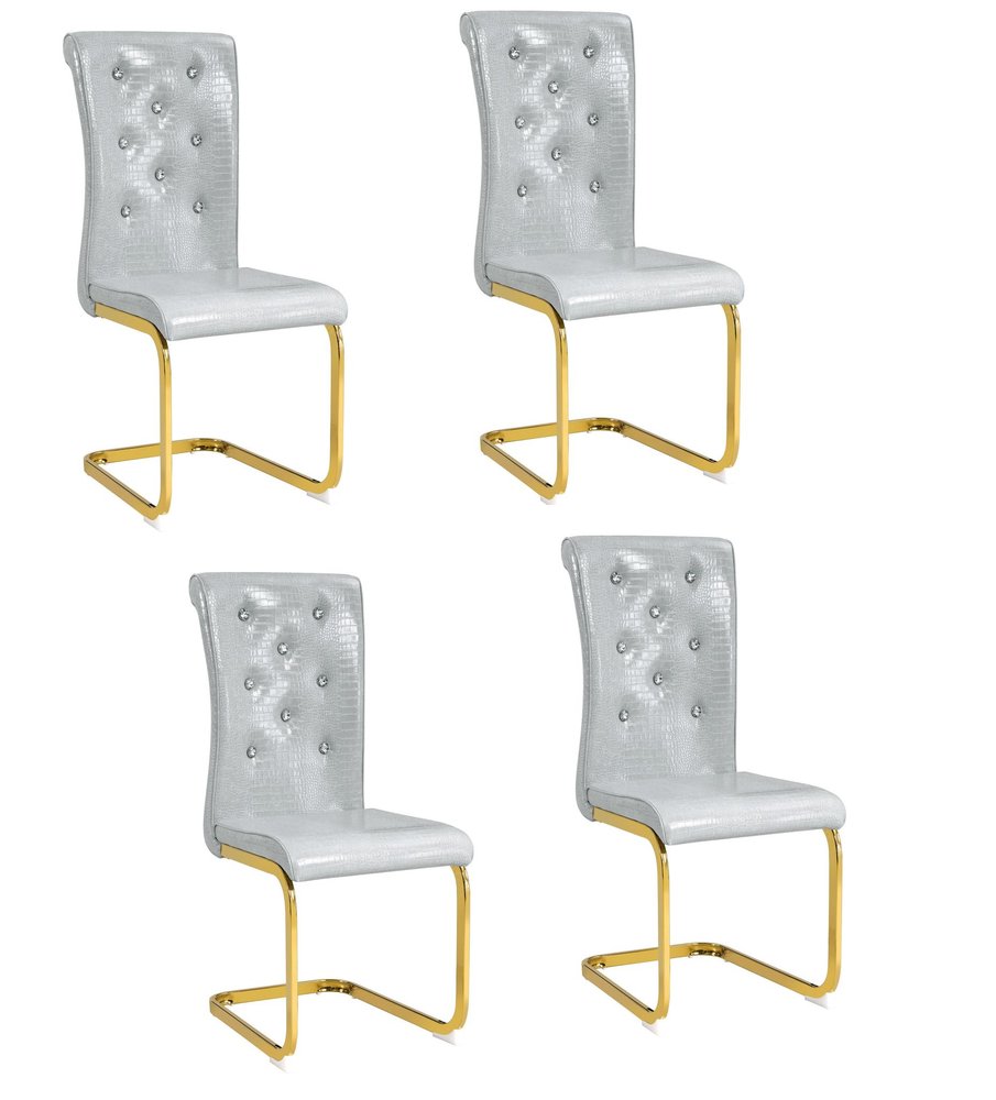 Set of Four Gray And Silver Tufted Faux Leather And Metal Dining Side Chairs