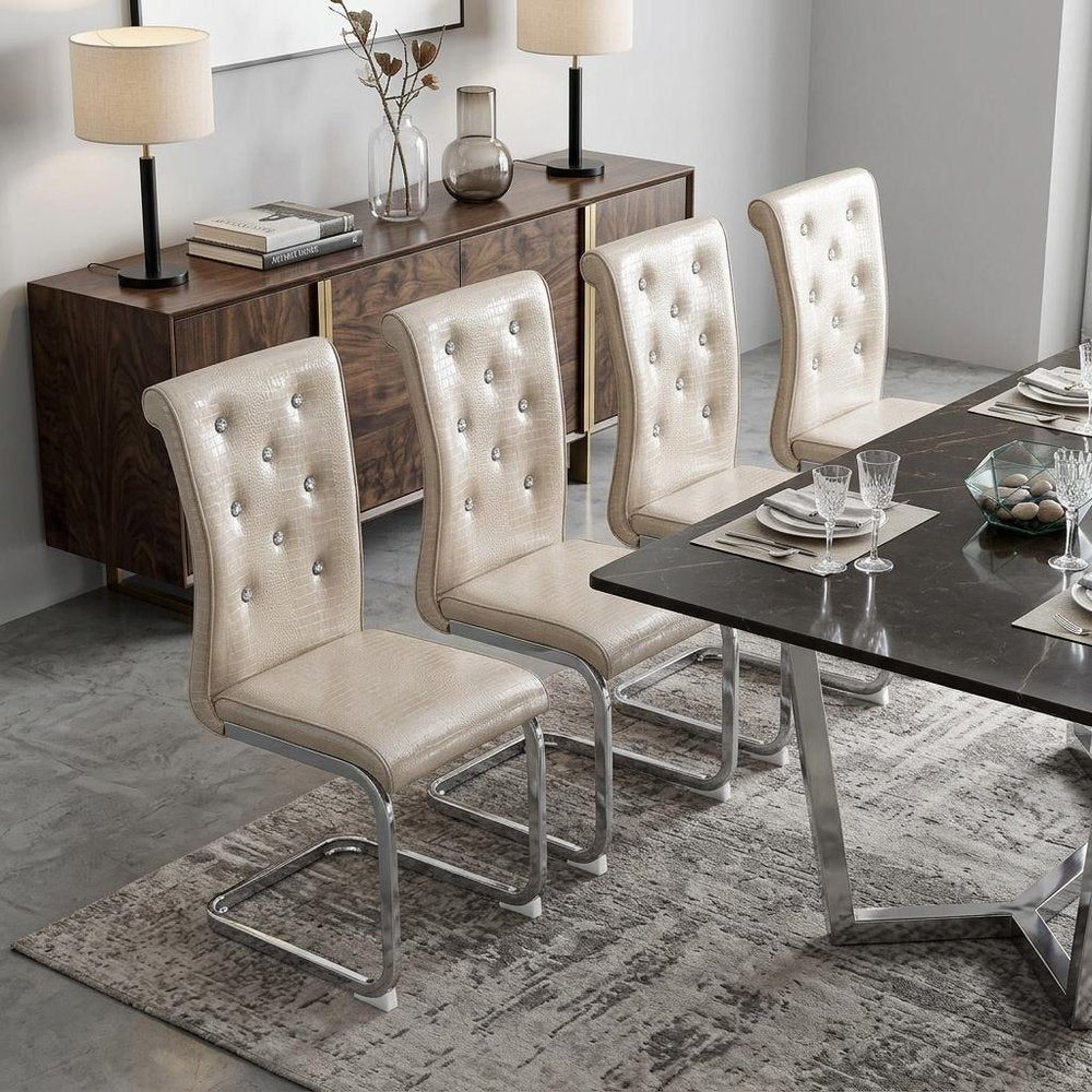 Set of Four Beige And Silver Tufted Faux Leather And Metal Dining Side Chairs