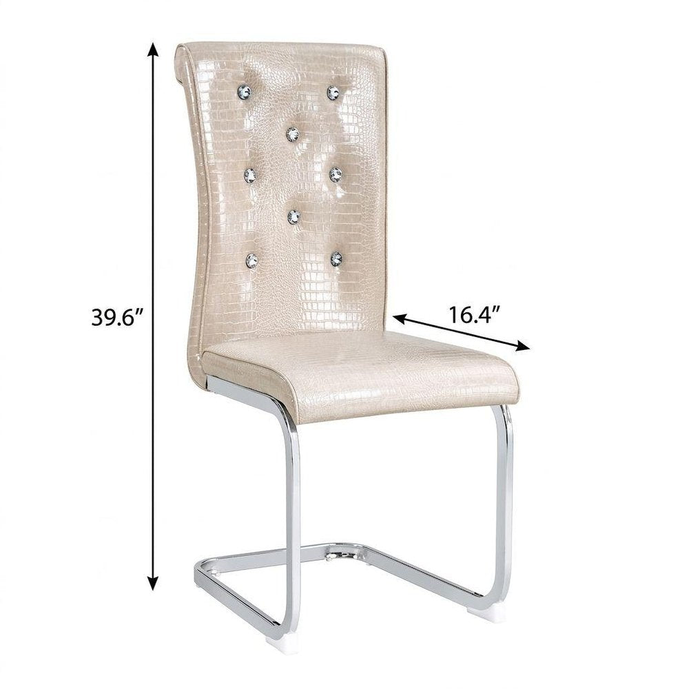 Set of Four Beige And Silver Tufted Faux Leather And Metal Dining Side Chairs