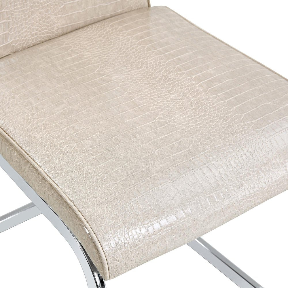 Set of Four Beige And Silver Tufted Faux Leather And Metal Dining Side Chairs