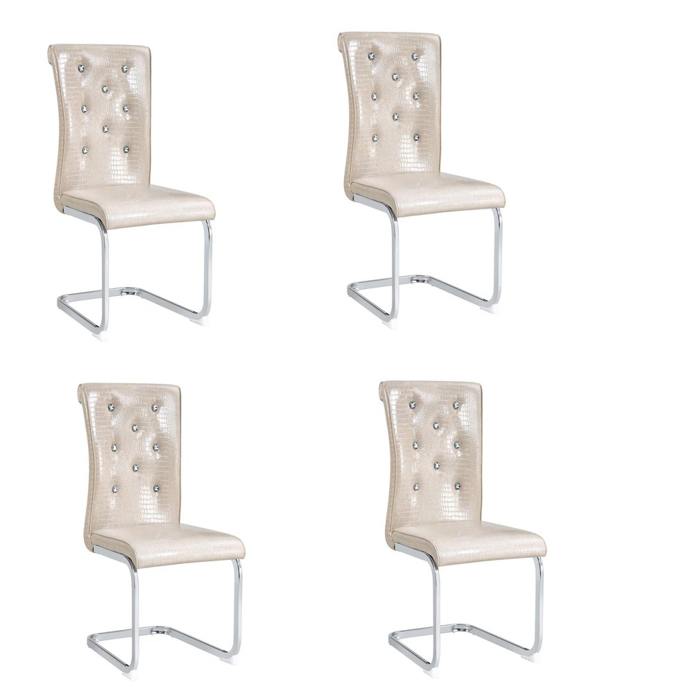 Set of Four Beige And Silver Tufted Faux Leather And Metal Dining Side Chairs