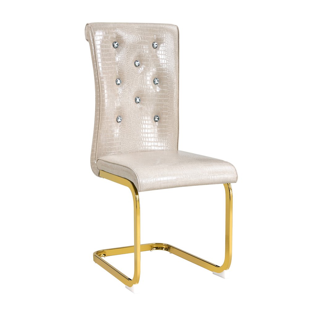 Set of Four Beige And Silver Tufted Faux Leather And Metal Dining Side Chairs