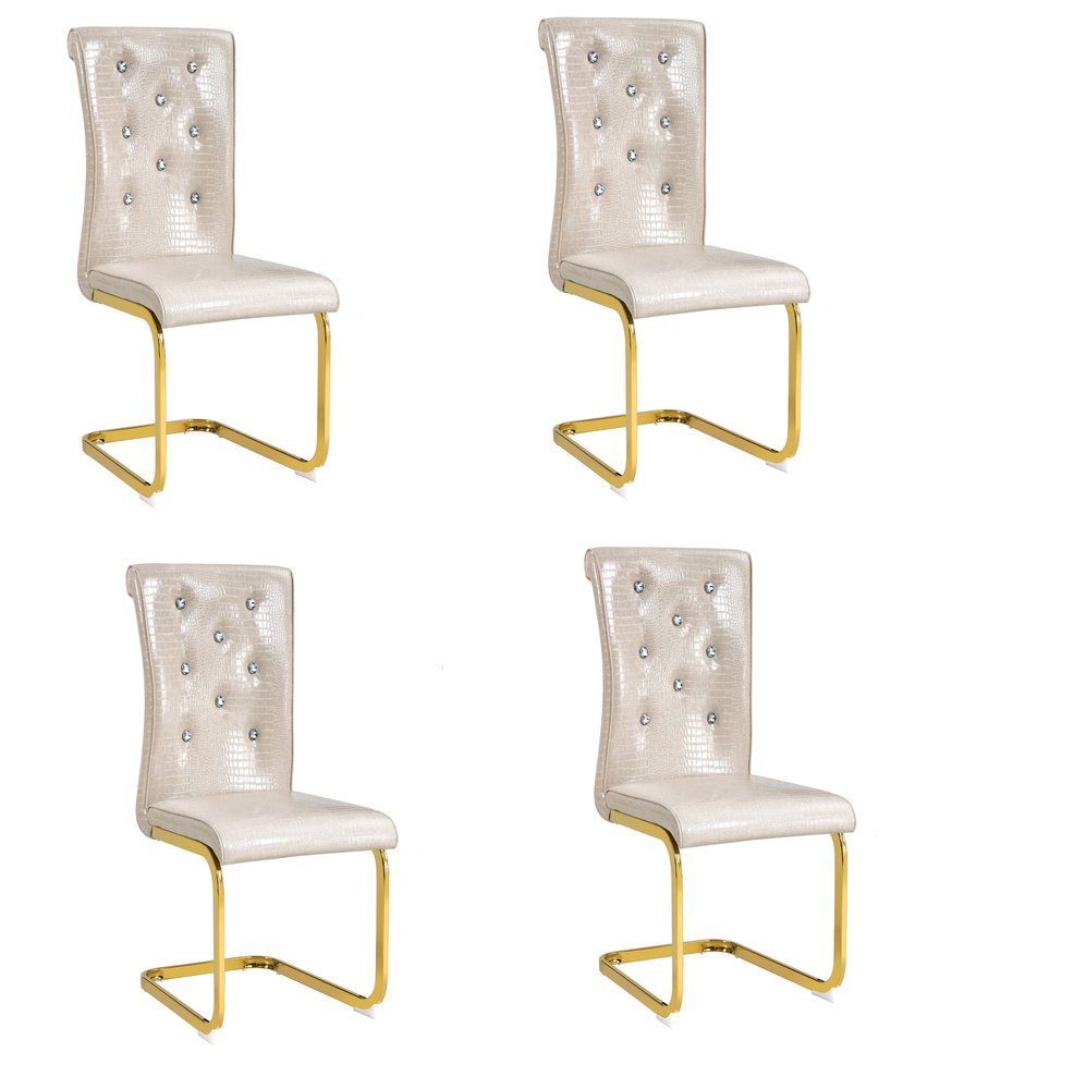 Set of Four Beige And Silver Tufted Faux Leather And Metal Dining Side Chairs