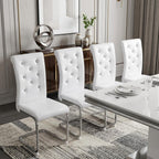Set of Four White And Silver Tufted Faux Leather And Metal Dining Side Chairs