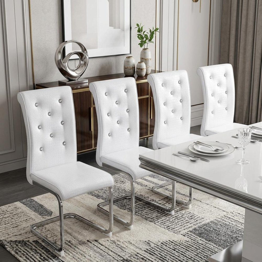 Set of Four White And Silver Tufted Faux Leather And Metal Dining Side Chairs