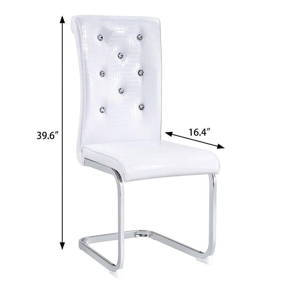 Set of Four White And Silver Tufted Faux Leather And Metal Dining Side Chairs