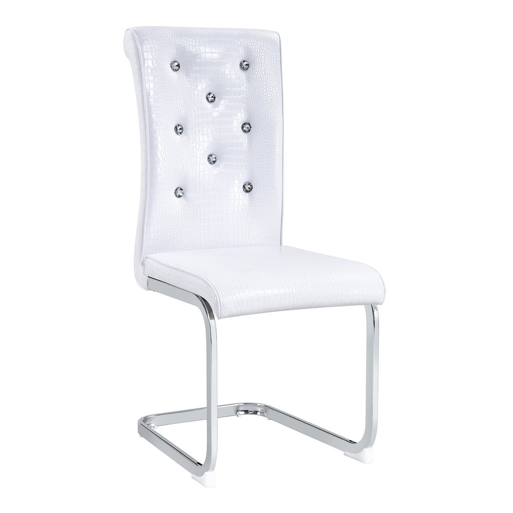 Set of Four White And Silver Tufted Faux Leather And Metal Dining Side Chairs