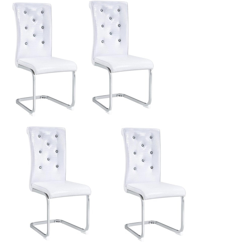Set of Four White And Silver Tufted Faux Leather And Metal Dining Side Chairs