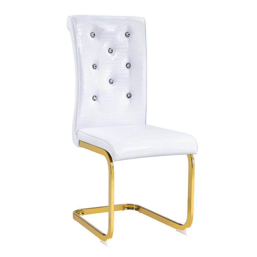 Set of Four White And Silver Tufted Faux Leather And Metal Dining Side Chairs
