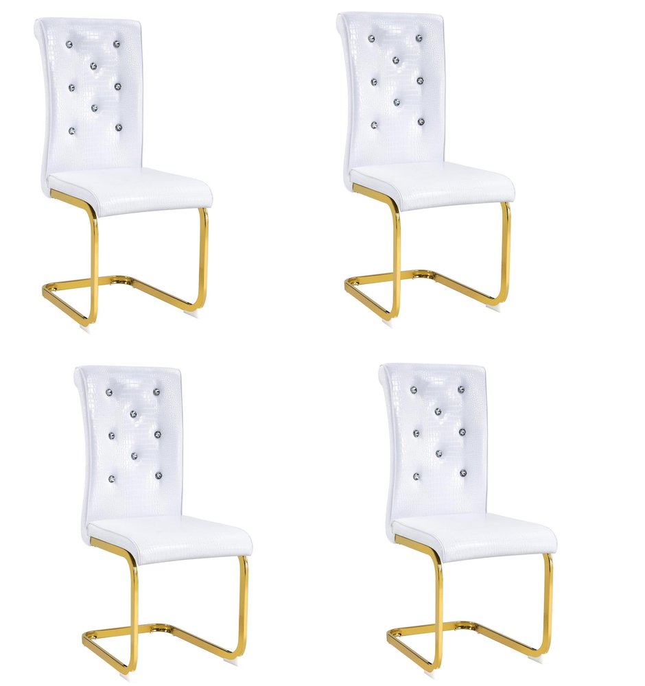 Set of Four White And Silver Tufted Faux Leather And Metal Dining Side Chairs