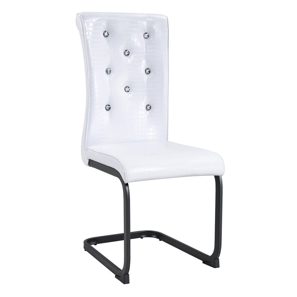 Set of Four White And Silver Tufted Faux Leather And Metal Dining Side Chairs