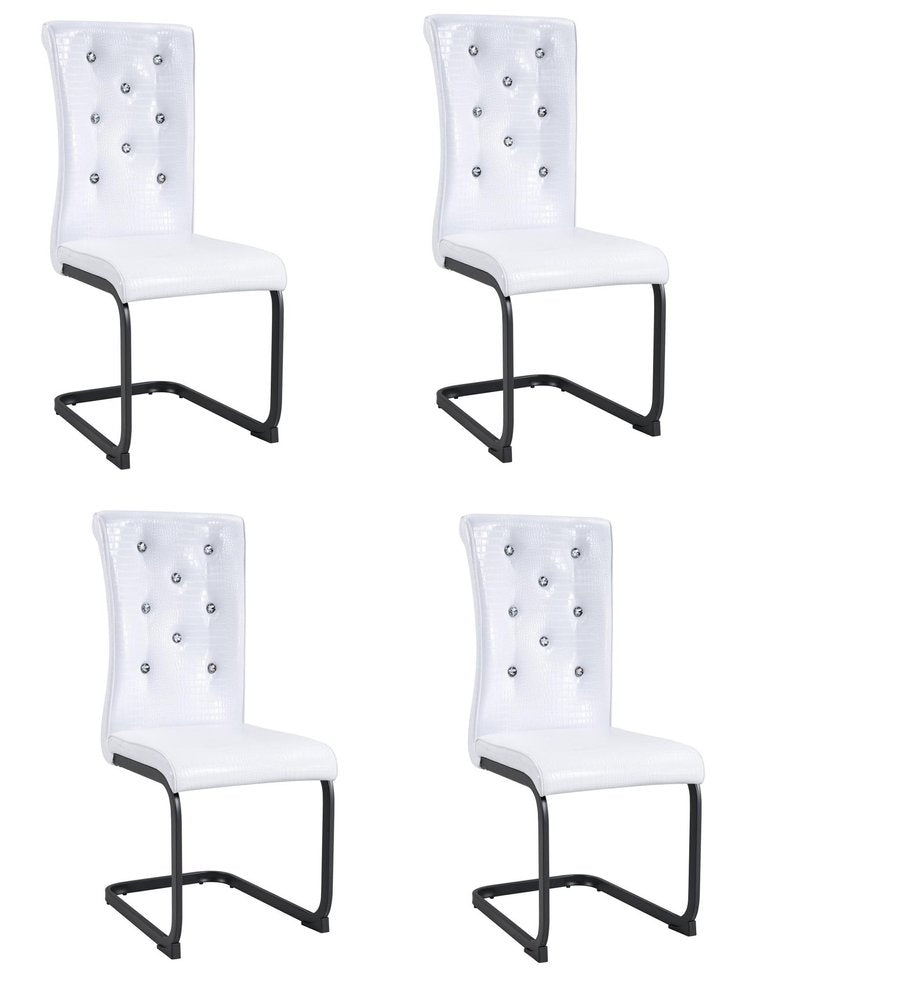 Set of Four White And Silver Tufted Faux Leather And Metal Dining Side Chairs