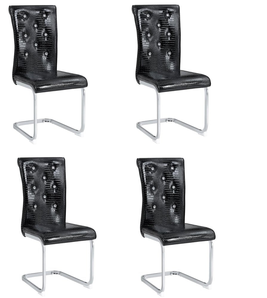Set of Four Black And Silver Tufted Faux Leather And Metal Dining Side Chairs