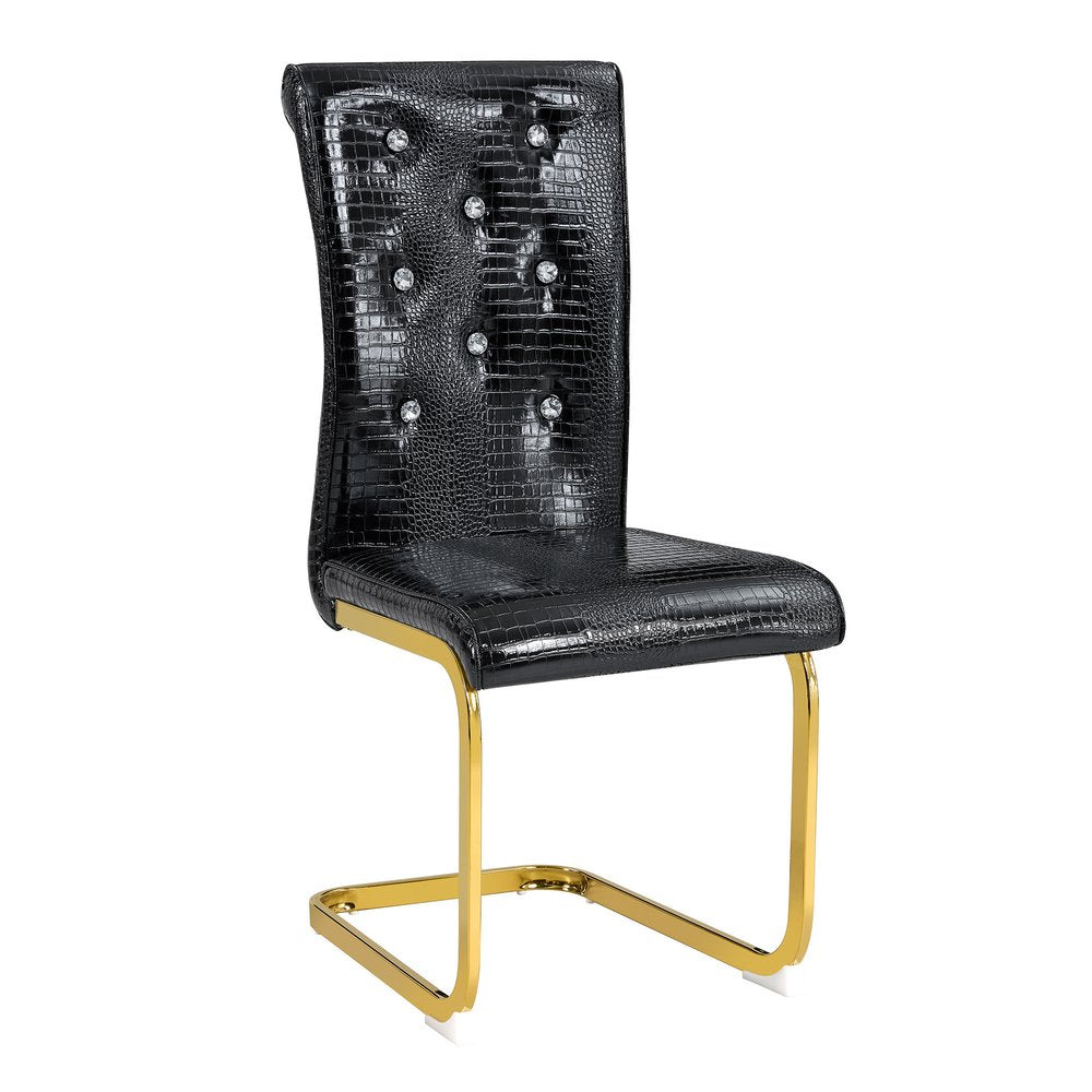 Set of Four Black And Silver Tufted Faux Leather And Metal Dining Side Chairs