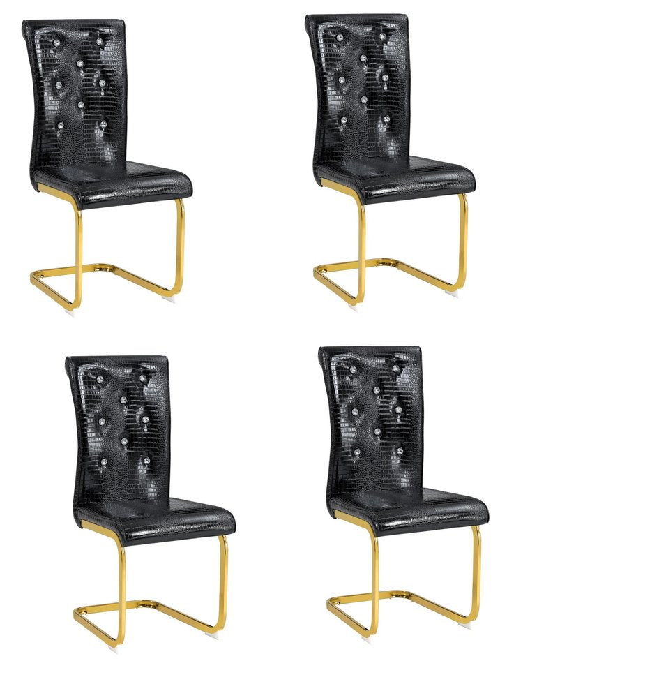 Set of Four Black And Silver Tufted Faux Leather And Metal Dining Side Chairs
