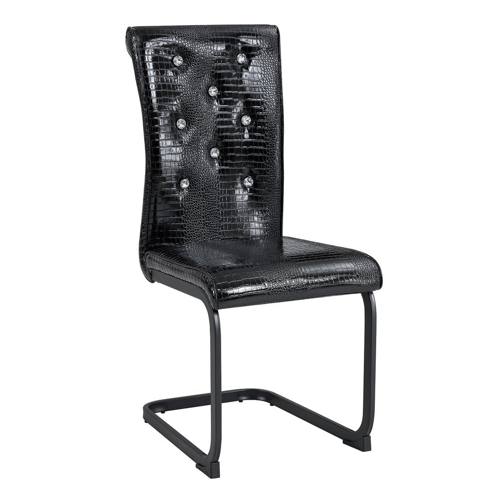 Set of Four Black And Silver Tufted Faux Leather And Metal Dining Side Chairs