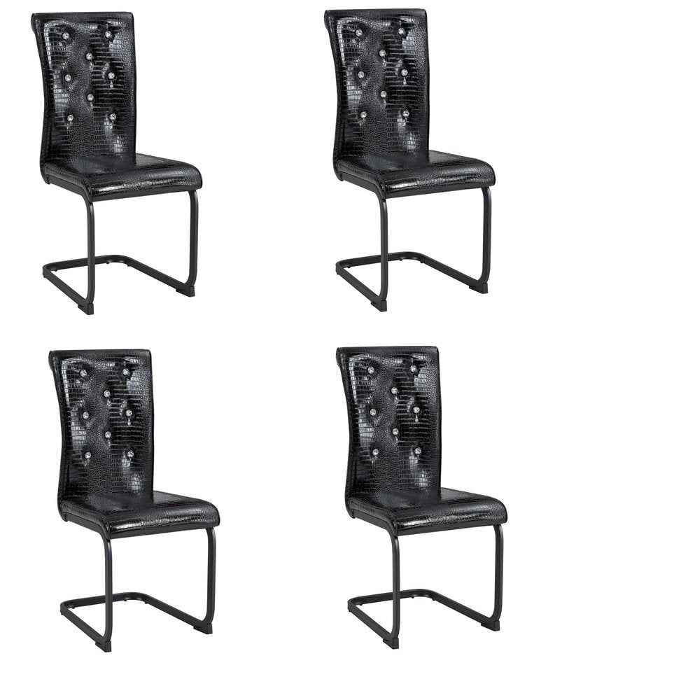 Set of Four Black And Silver Tufted Faux Leather And Metal Dining Side Chairs