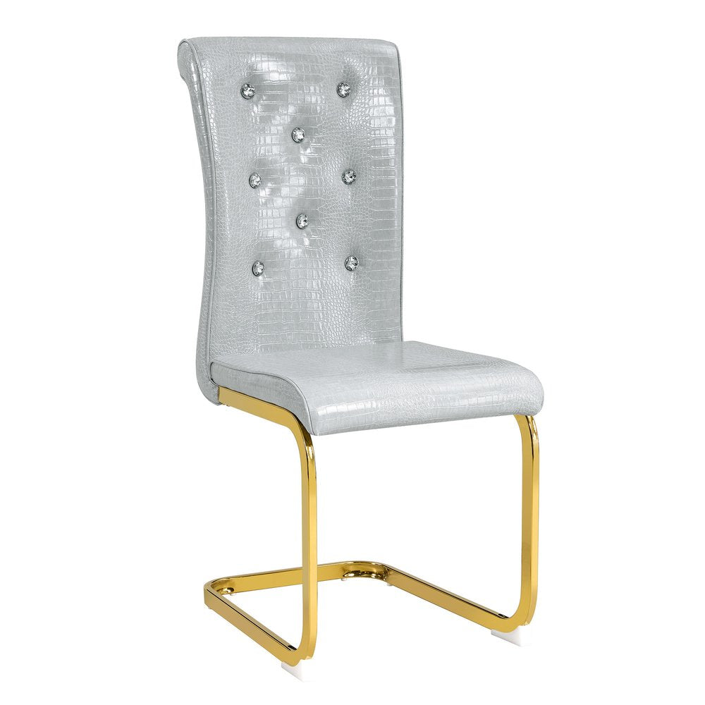 Set of Four Gray And Silver Tufted Faux Leather And Metal Dining Side Chairs