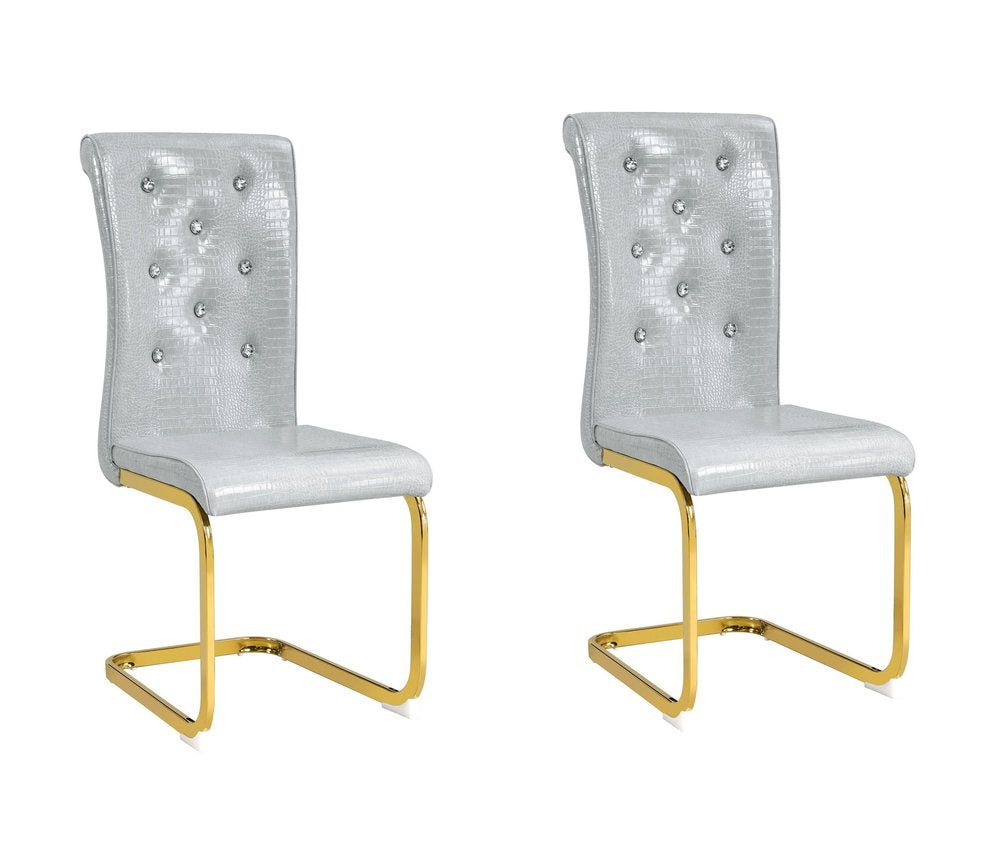 Set of Four Gray And Silver Tufted Faux Leather And Metal Dining Side Chairs