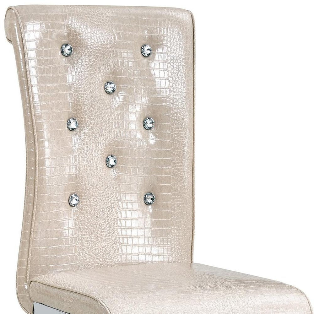 Set of Two Beige And Silver Faux Leather And Metal Dining Side Chairs