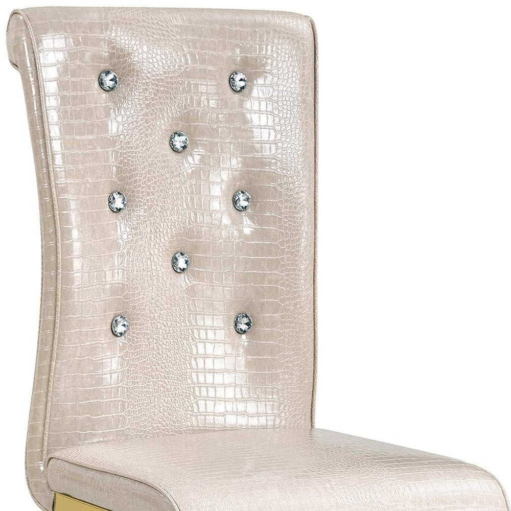 Set of Two Beige And Silver Faux Leather And Metal Dining Side Chairs