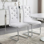 Set of Two White And Silver Tufted Faux Leather And Metal Dining Side Chairs