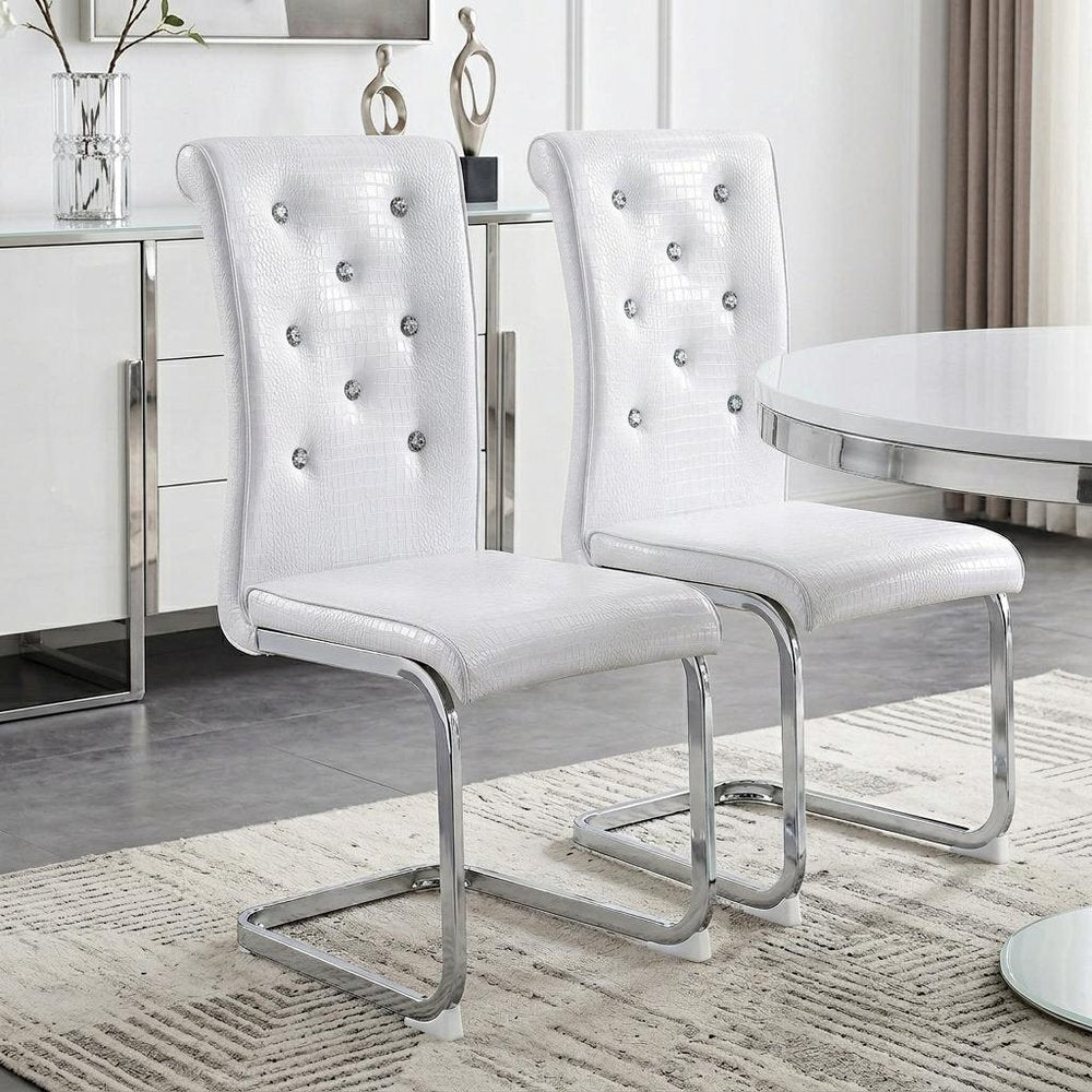 Set of Two White And Silver Tufted Faux Leather And Metal Dining Side Chairs