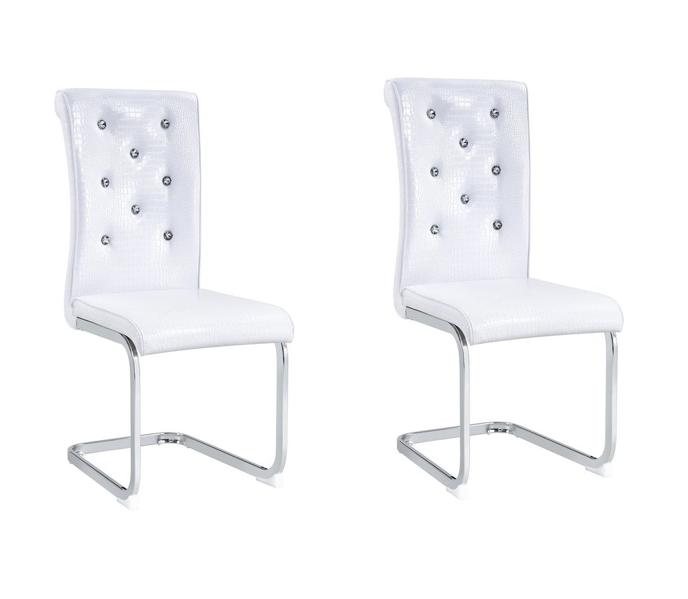 Set of Two White And Silver Tufted Faux Leather And Metal Dining Side Chairs