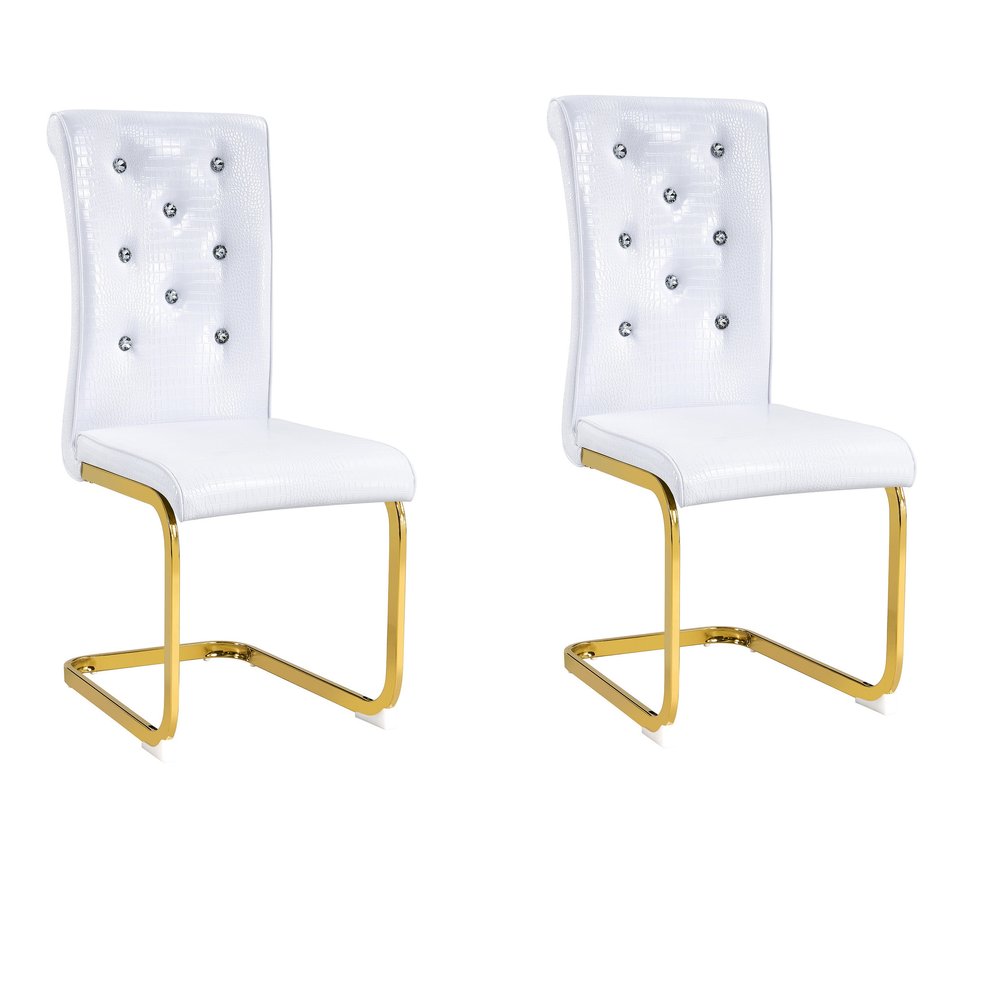 Set of Two White And Silver Tufted Faux Leather And Metal Dining Side Chairs