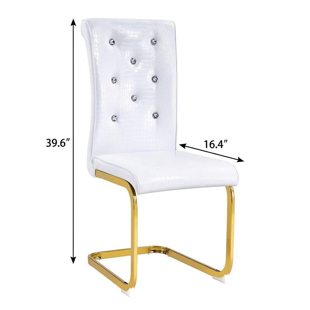 Set of Two White And Silver Tufted Faux Leather And Metal Dining Side Chairs