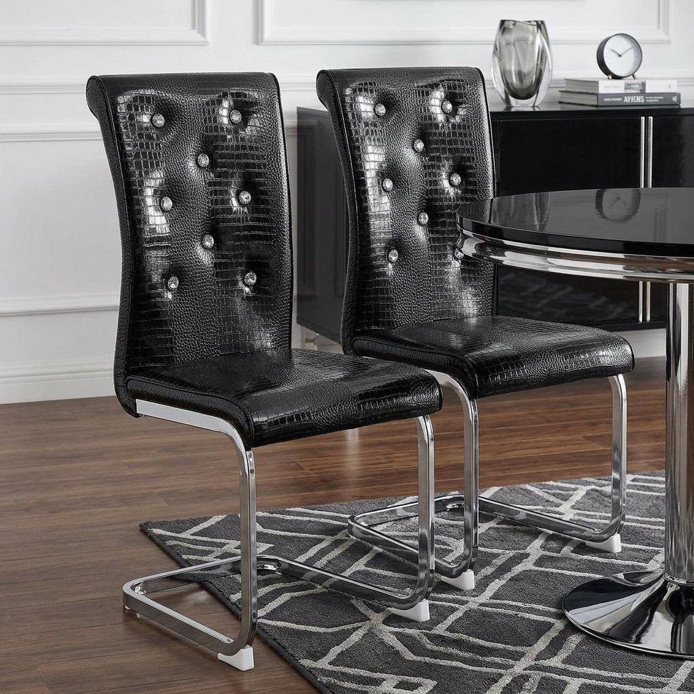 Set of Two Black Tufted Faux Leather And Metal Dining Side Chairs