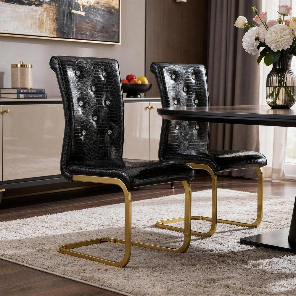Set of Two Black Tufted Faux Leather And Metal Dining Side Chairs