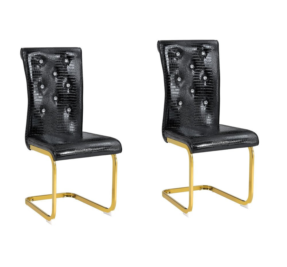 Set of Two Black Tufted Faux Leather And Metal Dining Side Chairs