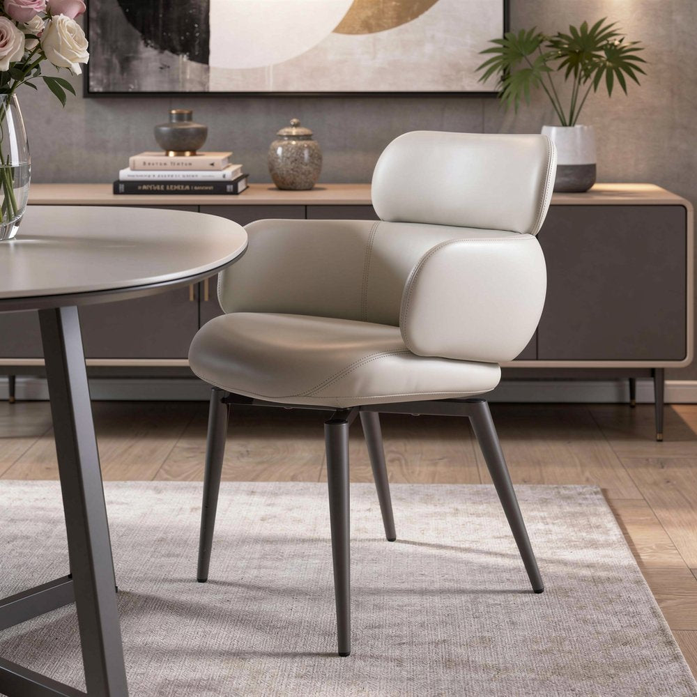 Light Gray and Black Faux Leather and Metal Dining Arm Chair