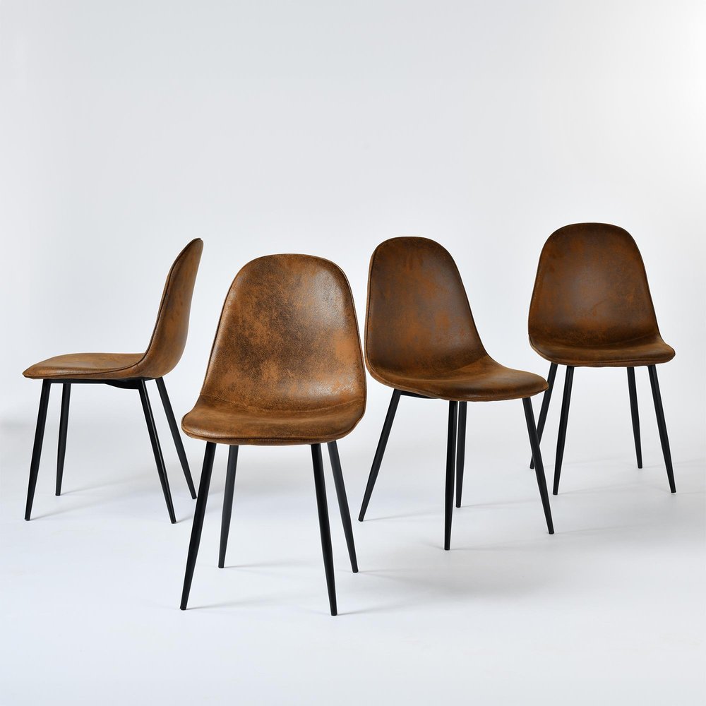 Set of Four Espresso and Black Faux Suede and Steel Dining Side Chairs