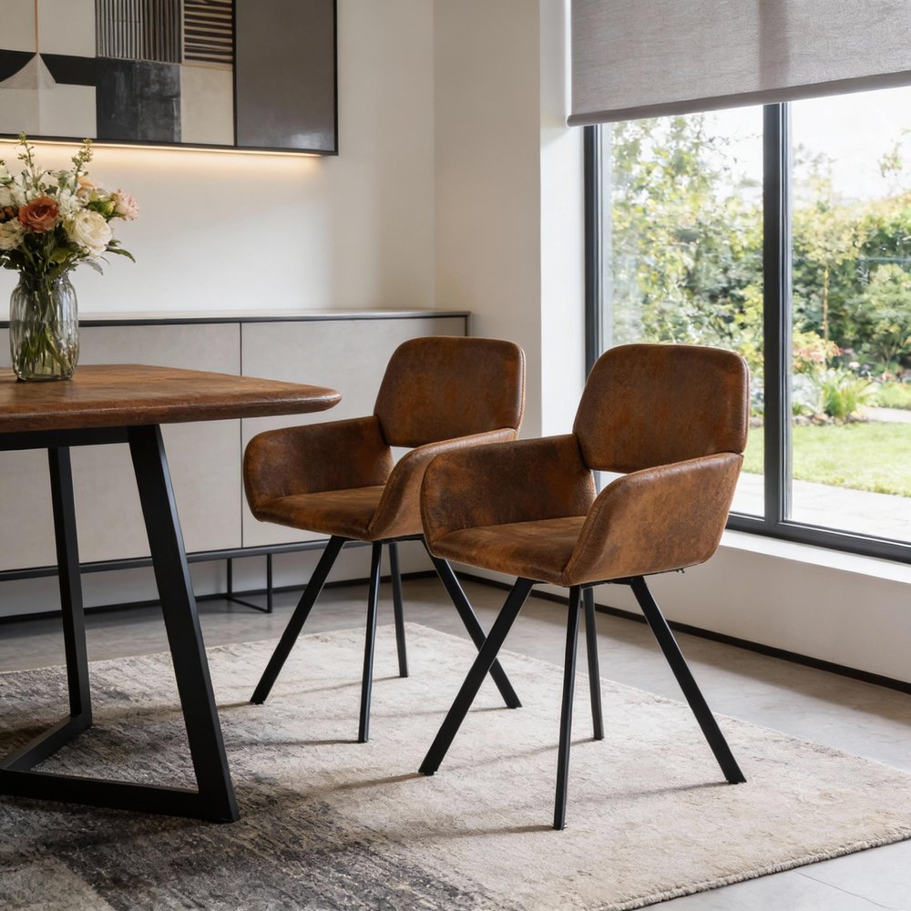Set of Two Espresso and Black Faux Suede and Steel Dining Arm Chairs