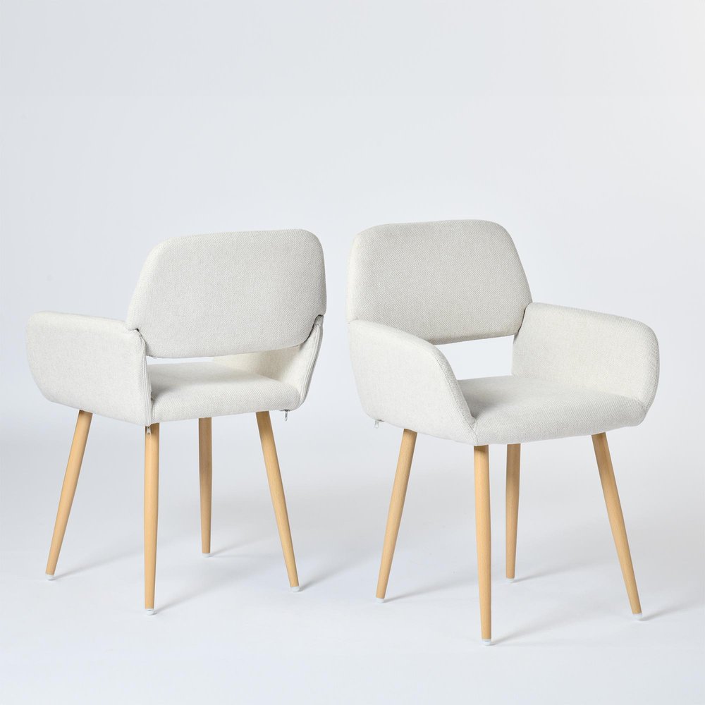 Set of Two Beige and Oak Fabric and Steel Dining Arm Chairs