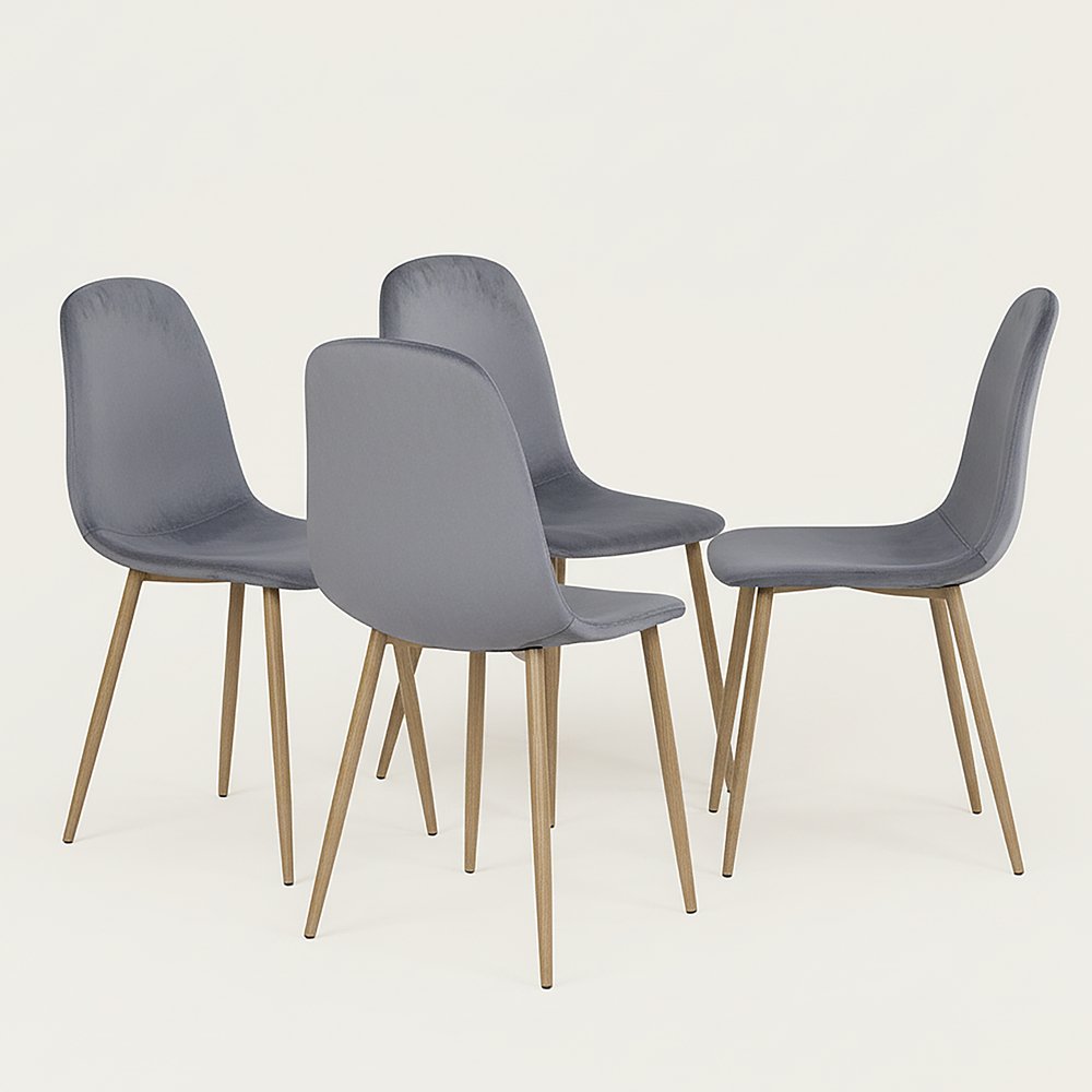 Set of Four Gray and Oak Velvet and Steel Dining Side Chairs