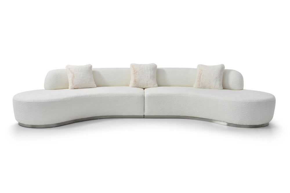 150" White Boucle Curved Sofa With Toss Pillows