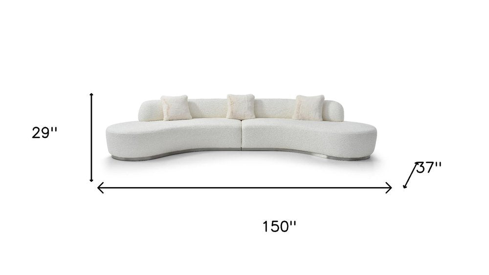 150" White Boucle Curved Sofa With Toss Pillows