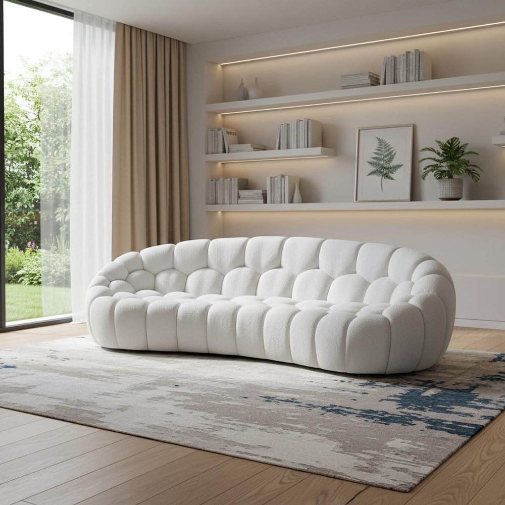 105" White Boucle Curved Sofa