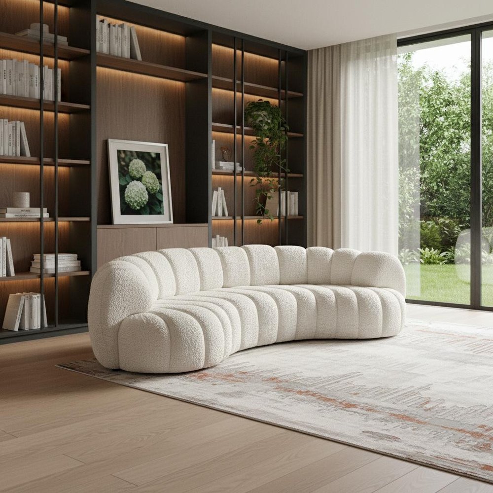 118" White Chenille Curved Sofa With Toss Pillows