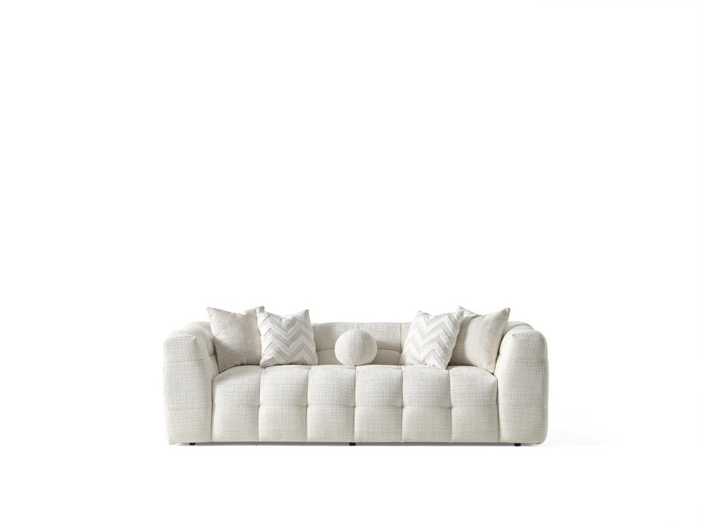 91" Beige Chenille Sofa With Toss Pillows